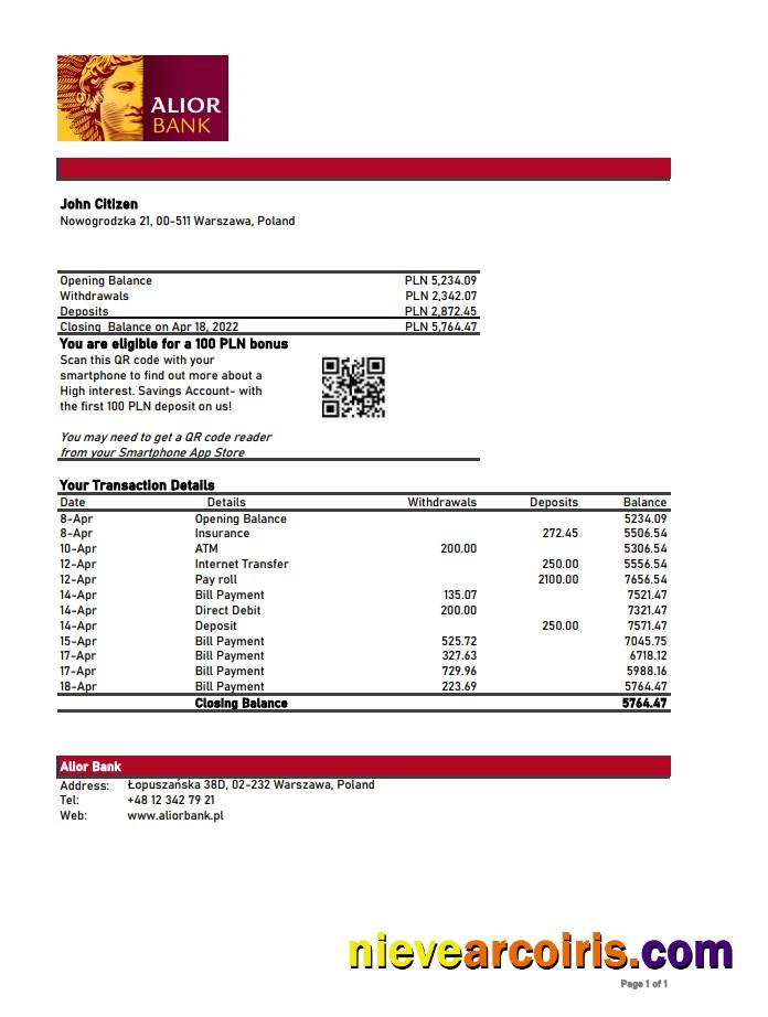 Poland Alior bank statement xls